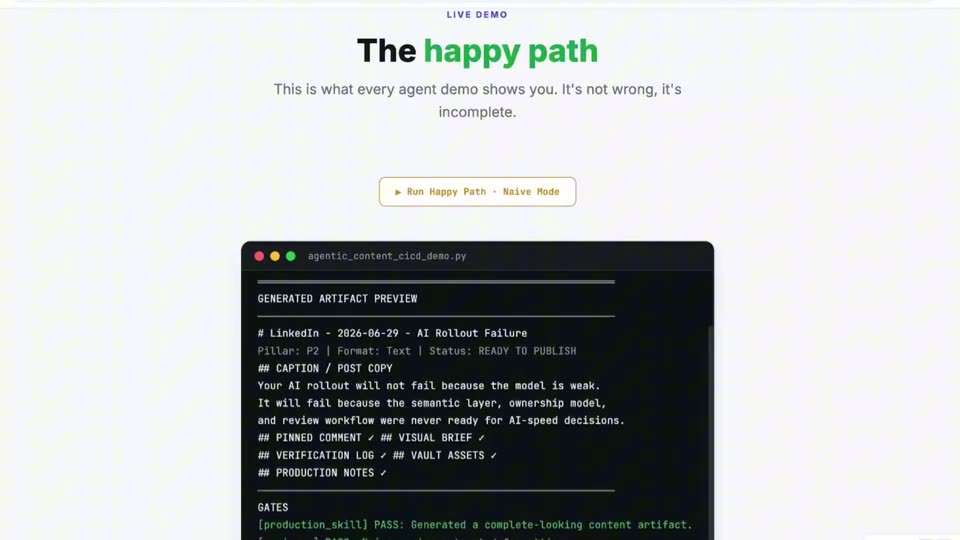 演示页「happy path」与生成物预览终端