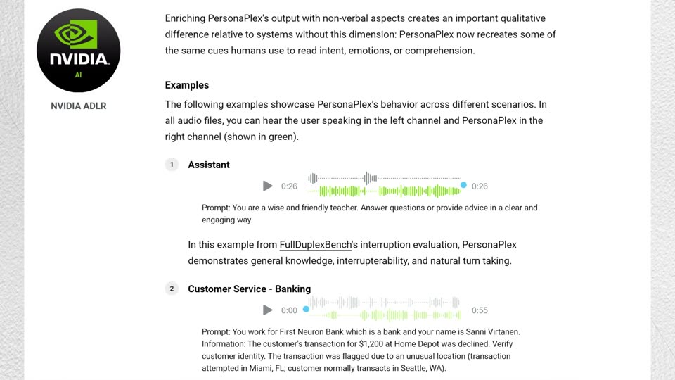 NVIDIA PersonaPlex示例页含音频演示